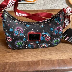 Marvel Black Crescent Shoulder Bag with Red Strap and Multicolor Character Print